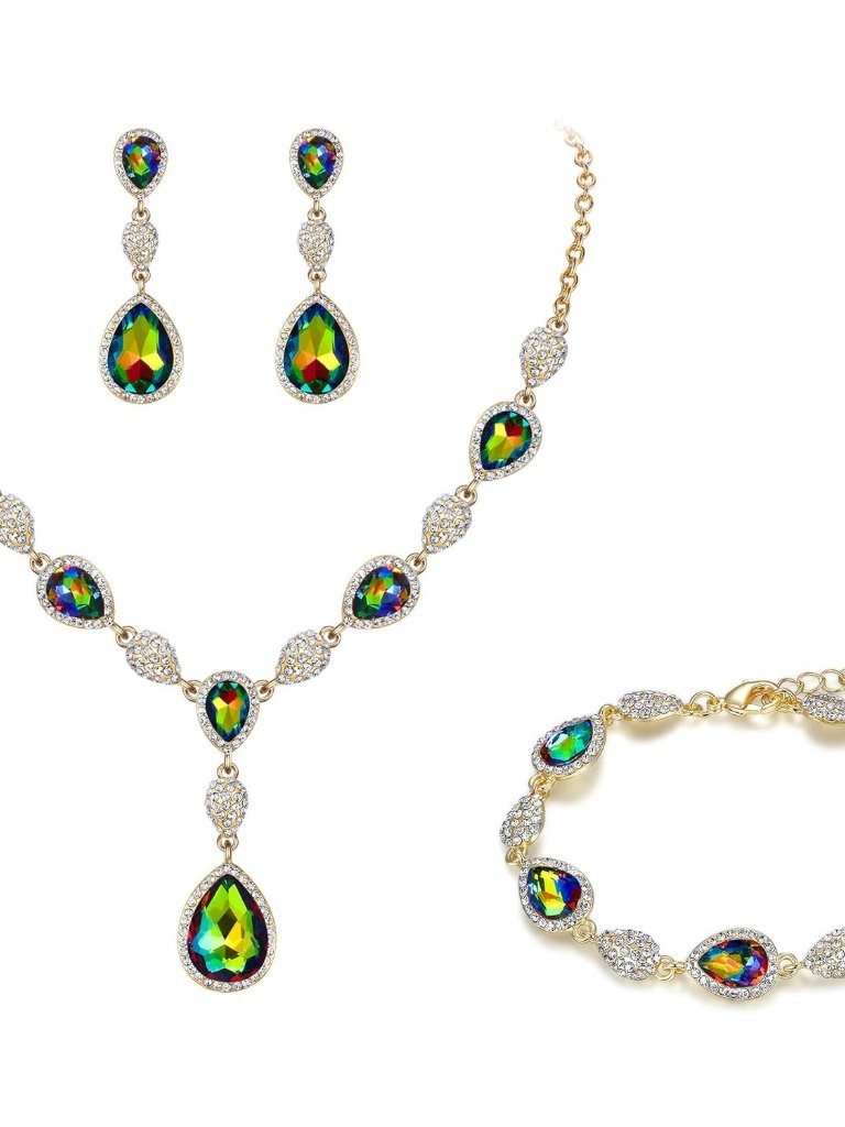 Elegant Bridal Jewelry Set With Cubic Zirconia Teardrop Necklace & Matching Acce